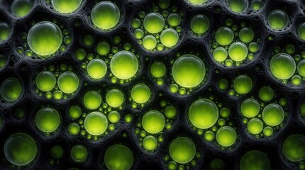 Obraz premium Abstract macro view of glowing acid green liquid bubbles on dark charcoal background. Futuristic bio organic texture features neon fluid cells, irregular patterns. Science fiction style pattern shows