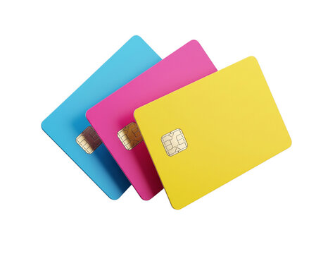 Three blank vibrant cyan, magenta, and yellow smart credit cards with EMV microchips isolated on a black background.