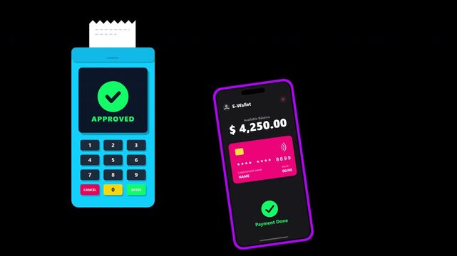 Contactless mobile payment NFC animation, smartphone tapping card reader terminal, digital wallet technology, 4k resolution transparent background alpha channel