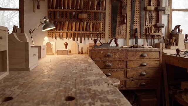 Traditional woodworking workshop with hand tools, workbench, storage drawers, and carpentry equipment for skilled furniture making