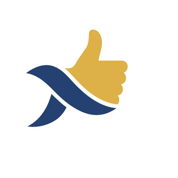 Thumbs up logo with blue ribbon