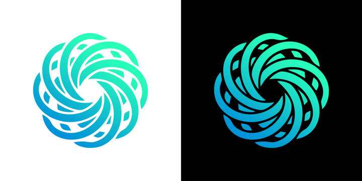 Abstract circular spiral vortex logo design with neon green and blue gradient lines on black and white backgrounds