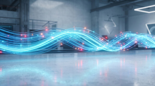 Abstract wave of glowing fiber optic cables transferring data
