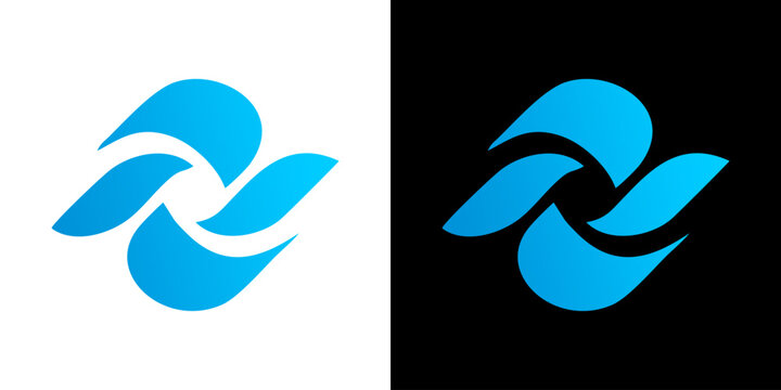 Abstract blue curved geometric shape logo design vector illustration isolated on white and black backgrounds