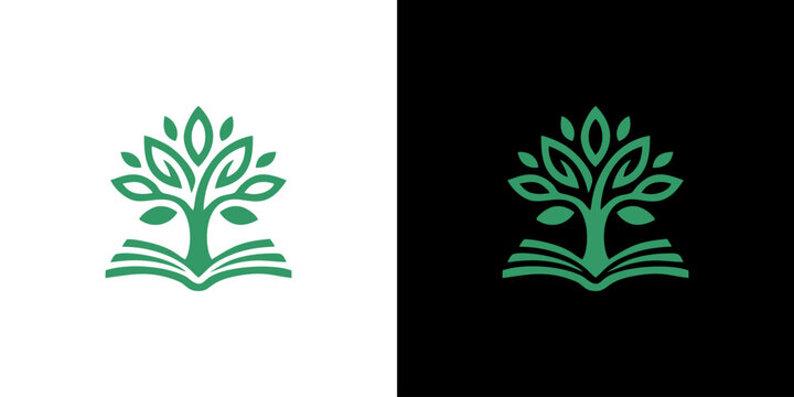 Minimalist open book with tree growing leaves logo icon for education, school, library, publishing and environmental knowledge