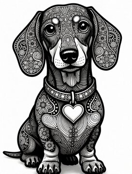 Intricate line art dog illustration. Adorable dachshund with detailed patterns and a heart pendant collar. Black and white coloring page for relaxation or creative activity. Ideal for dog lovers.