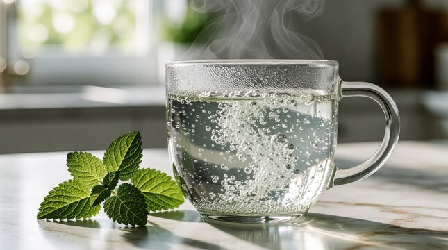 Steaming glass mug holds hot water with dissolving magnesium powder and fresh lemon balm. Bubbles rise, creating a calming herbal infusion for relaxation and wellness.
