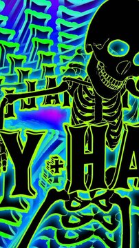 Seamless funny vertical video of dancing skeleton with Halloween text in cartoon style with rainbow echo effect.