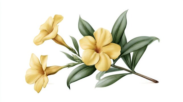 Yellow Allamanda Flower Botanical Illustration with Green Leaves
