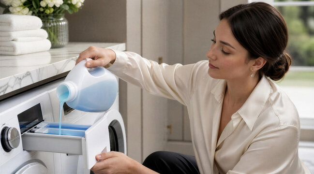 Woman pouring blue liquid detergent into washing machine drawer