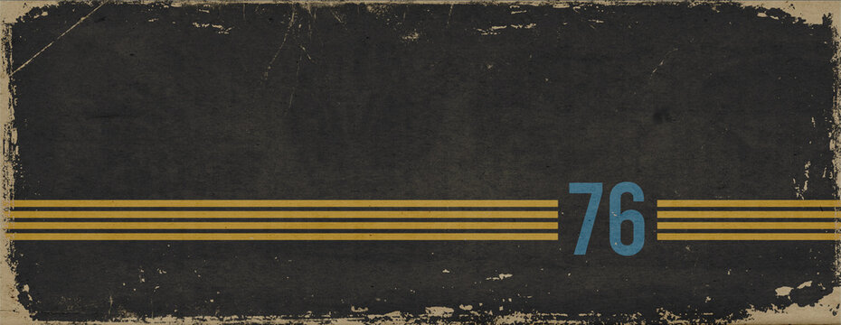 1970s sports banner with copyspace. Vintage colored stripes and the number 76 on grunge, bleached out paper texture with scratches and folds.