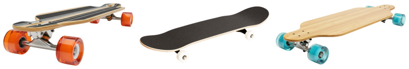 A collection of three diverse skateboards and longboards, showcasing different designs and wheels. © BinhMai