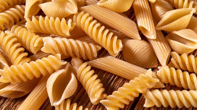 Dry assorted pasta shapes on wooden background
