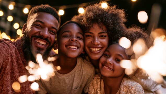 Joyful Family Portrait with Sparklers and Golden Bokeh