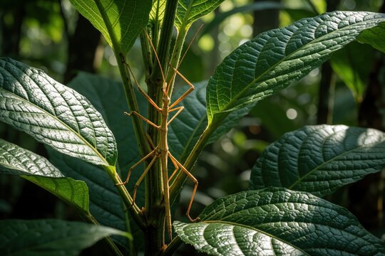 Stick insect clings to green plant stem. This small invertebrate uses camouflage to blend with foliage. Tiny arthropod survives in its natural jungle habitat.