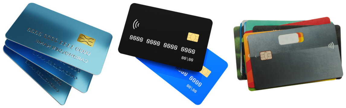 Collection of diverse credit cards, blue, black, and multicolored.