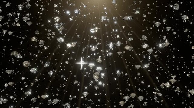 Seamless loop falling diamonds sparkles golden light rays black background ideal for jewelry store advertising luxury brand promotions vip event screens flyers posters and holiday greetings