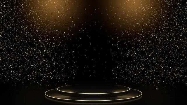 Seamless loop gold podium stage spotlights golden glitter falling dark ideal for product reveal presentations award ceremony screens cosmetic brand ads flyers brochures and luxury promotions