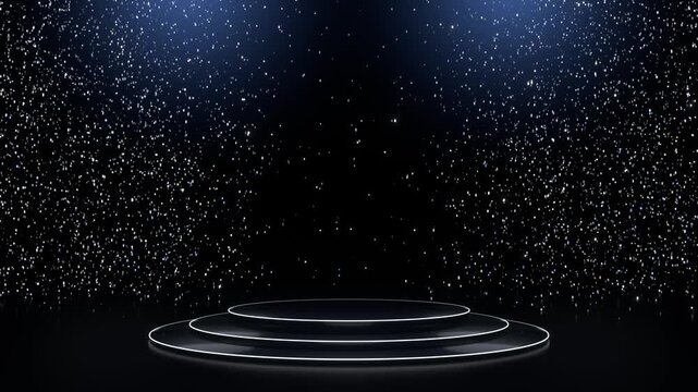 Seamless loop glowing podium stage blue spotlights silver glitter falling ideal for product reveal presentations award ceremony screens cosmetic brand ads landing pages and luxury promotions