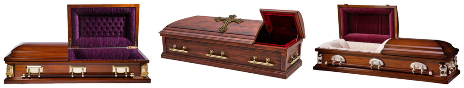 Ornate wooden caskets with luxurious velvet interiors and brass hardware, symbolizing reverence and final rest.