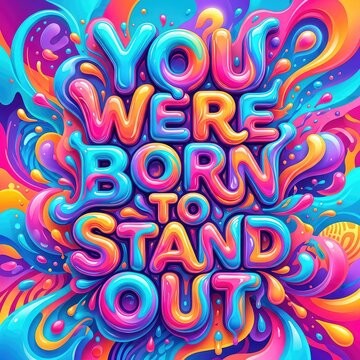 Vibrant 3D typography with inspirational quote You Were Born To Stand Out, colorful liquid swirl background, psychedelic neon lettering art