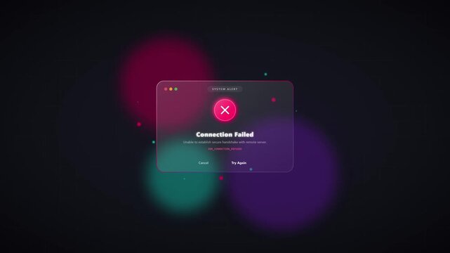 Modern glassmorphism system alert popup window displaying a connection failed error message with technical SSL details on a dark background with vibrant colorful blurred bokeh light effects