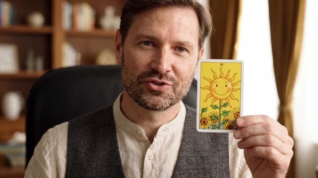 Man presenting a sun tarot card while speaking to camera, introducing divination and spiritual guidance in a cozy home setting.