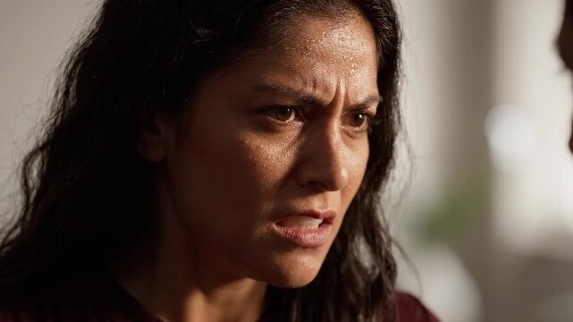 Woman reacts during an intense confrontation, moving from concern to anger and serious resolve in a dramatic close-up conversation sequence.