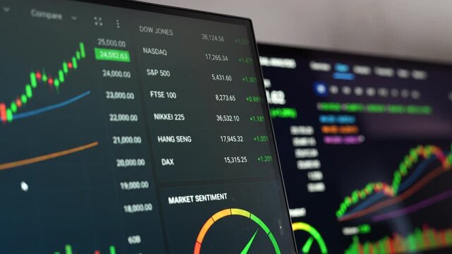 Stock market analysis displayed on a digital trading dashboard with rising charts, technical indicators, volume bars, and financial data on a dark screen.