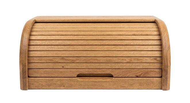 Natural light brown wooden bread box with a roll-top lid and integrated handle, isolated on a clean white background