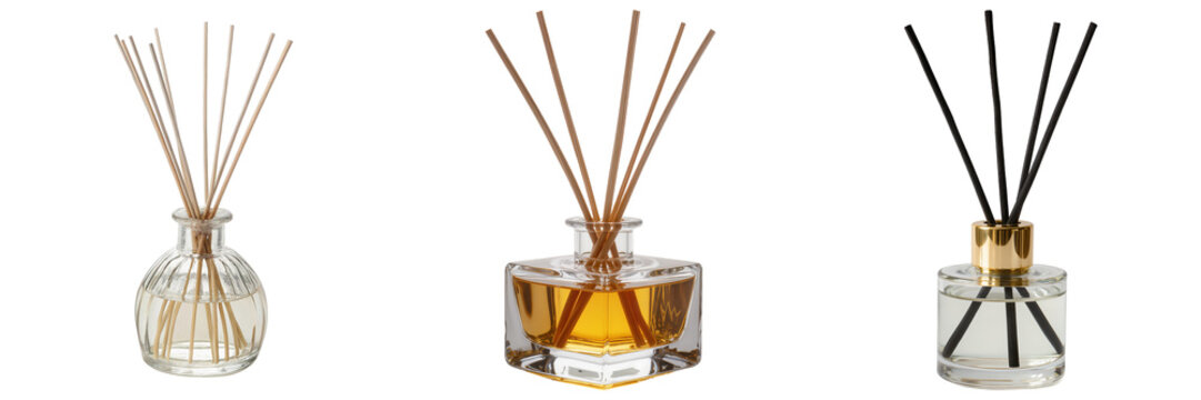 A collection of various reed diffusers with aromatic liquids and wooden sticks for home fragrance and decor.