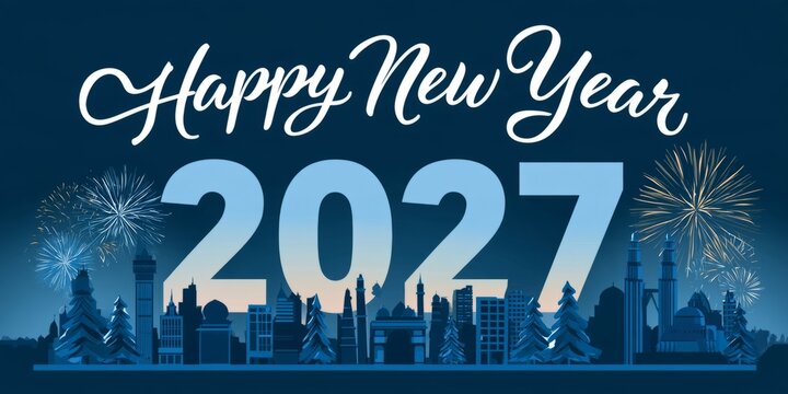 Happy New Year 2027 Blue City Skyline Illustration
