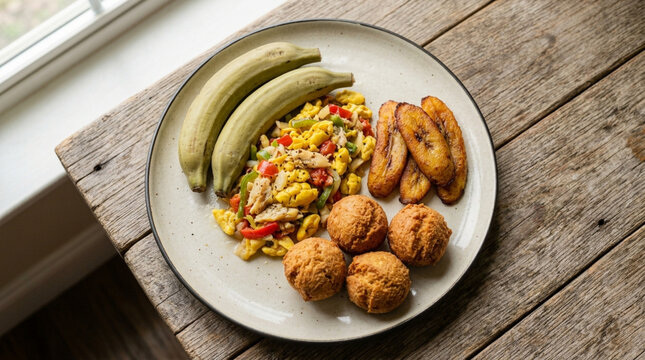 Jamaican breakfast with fried dumplings plantains and ackee and saltfish is displayed