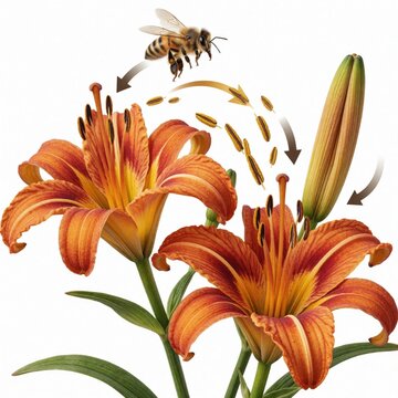 Bee transfers pollen from anther to stigma on orange lily flower. Illustration shows cross pollination process in plant reproduction. Green stem and bud visible. Diagrams show pollen grains moving.