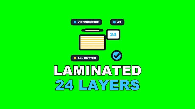 4K green screen LAMINATED animated text - every turn folding the block until the layers double out, kinetic typography bakery and pastry overlay for baker content, chroma key