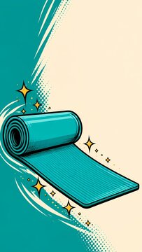 Yoga mat rolled up with teal and beige color palette including star icons for meditation relaxation and exercise floor equipment for mindfulness health practice.