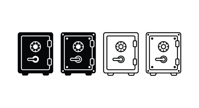Four black and white line art depictions showcase a safe with a dial and keyhole