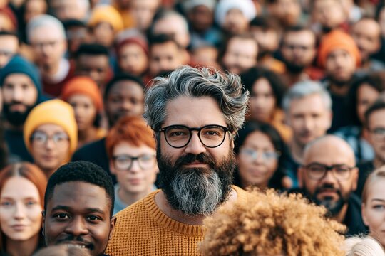 Diverse crowd of people gathered together with a man in the center wearing glasses