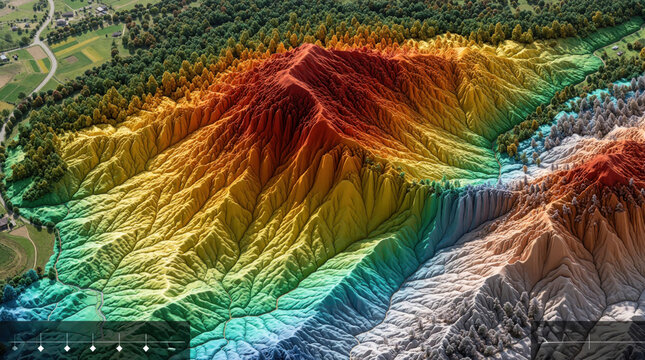 3D map shows detailed terrain elevation with color coding. Digital surface model visualizes landforms, slopes, and geographic data for analysis and planning.