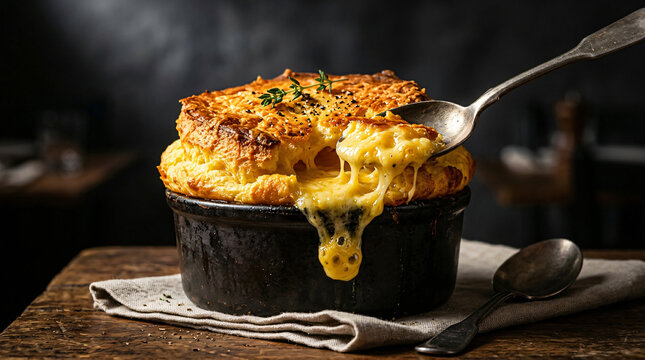 Delicious homemade cheese souffle served in a dark ceramic ramekin on a rustic wooden table.