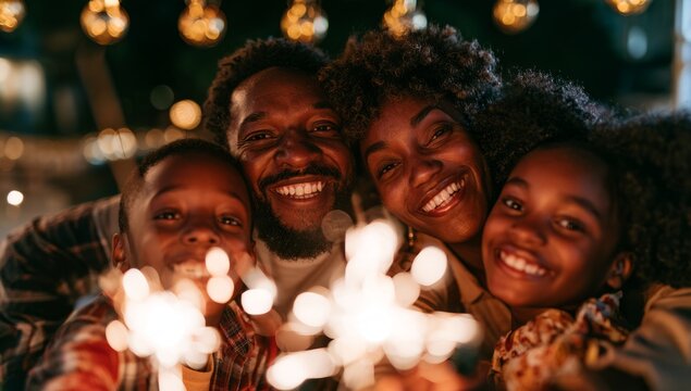 Happy Family Celebrating Together with Sparklers at Night