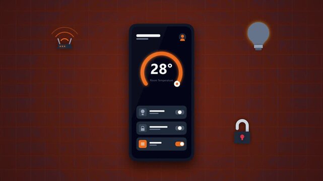 Smartphone displaying smart home thermostat control interface with temperature and device icons on dark background