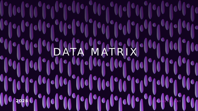 Data matrix abstract background, purple digital pattern with 3D pill shapes, futuristic technology wallpaper for 2026 tech concepts