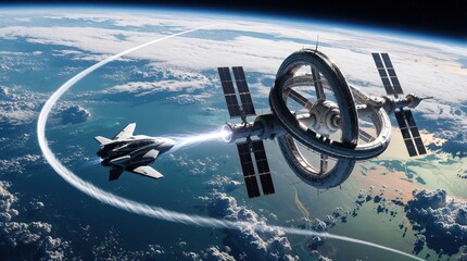 Obraz premium Futuristic spaceship docks at orbital station above Earth atmosphere. Advanced space craft connects to large ring structure, preparing for next mission. Journey through cosmos.