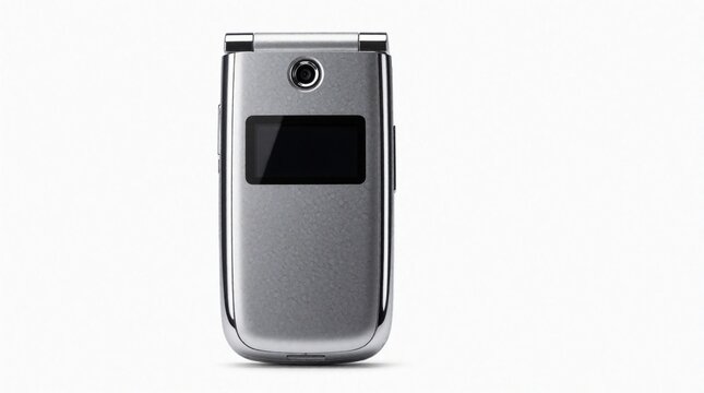 Silver flip phone isolated on white background. This vintage mobile device features a small external screen and camera. It represents old tech nostalgia.