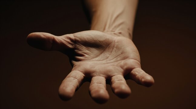 Open human hand extends toward the viewer with fingers spread, illuminated by warm directional light against a dark brown background.