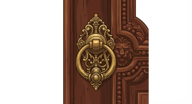 Vintage ornate brass door knocker with ring handle mounted on carved wooden door flat vector illustration isolated on white background vintage door concept