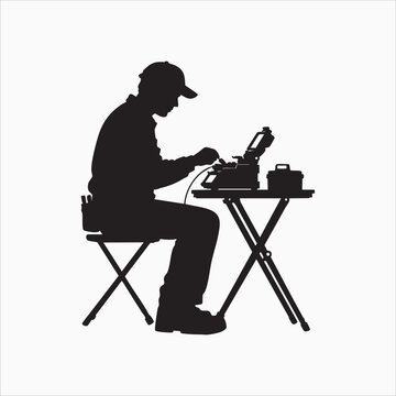 Fiber Optic Fusion Splicer Technician Working at Table Silhouette Vector
