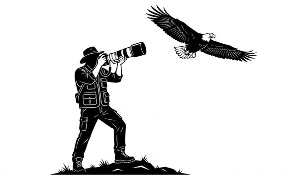 Photographer Capturing Flying Eagle Wildlife Photography Silhouette Vector