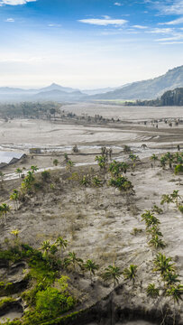 Aerial view of the volcanic landscape in Sumberwuluh, showing ash-covered terrain, scattered palm trees, and distant mountains under a blue sky in Candipuro, East Java, Indonesia.